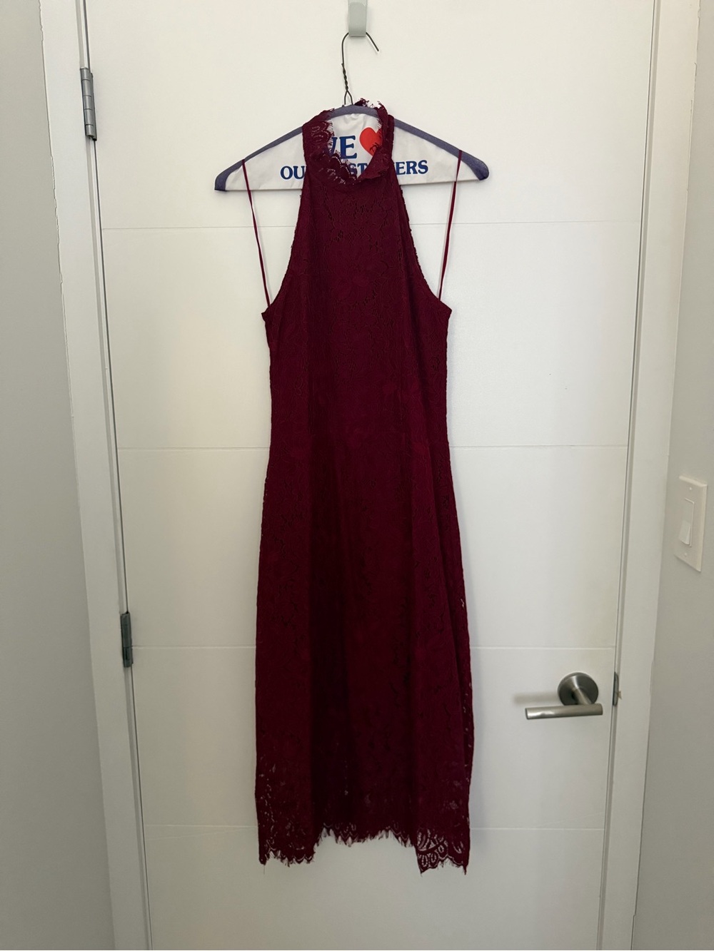 Women's Lace Halter Open Back Midi Dress in Burgundy